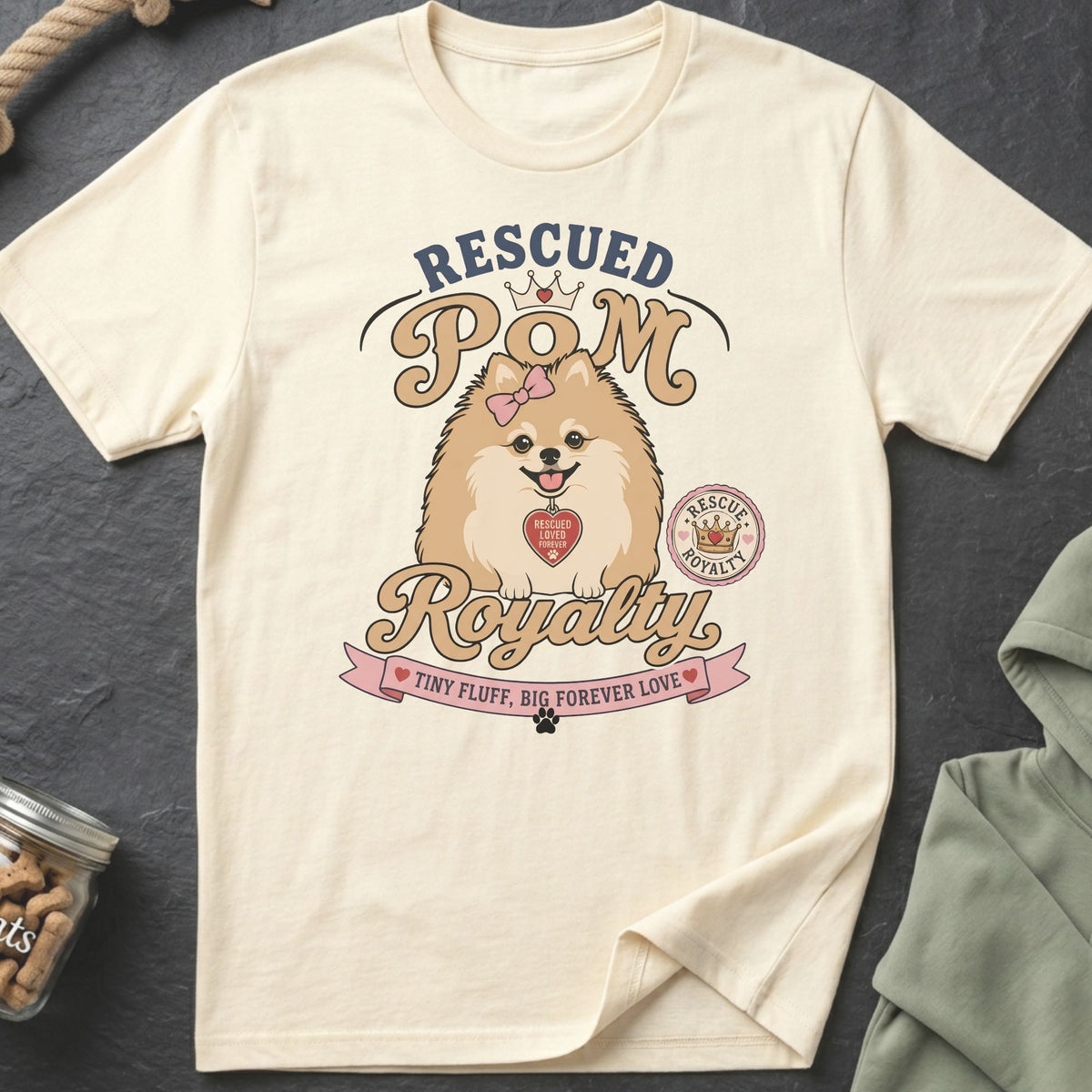 Cream t-shirt with "Rescued Pom Royalty" and Pomeranian graphic.