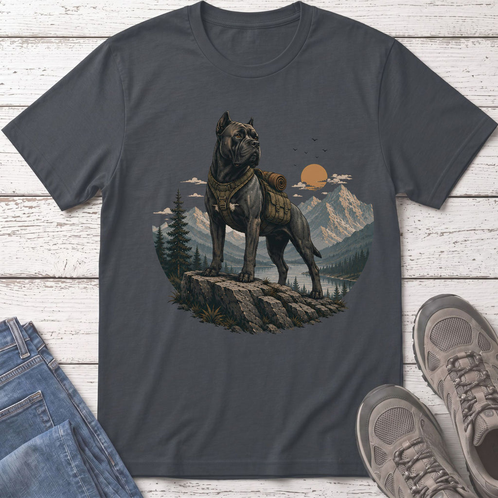 Dark grey t-shirt with a cane corso wearing a backpack in a mountain landscape.