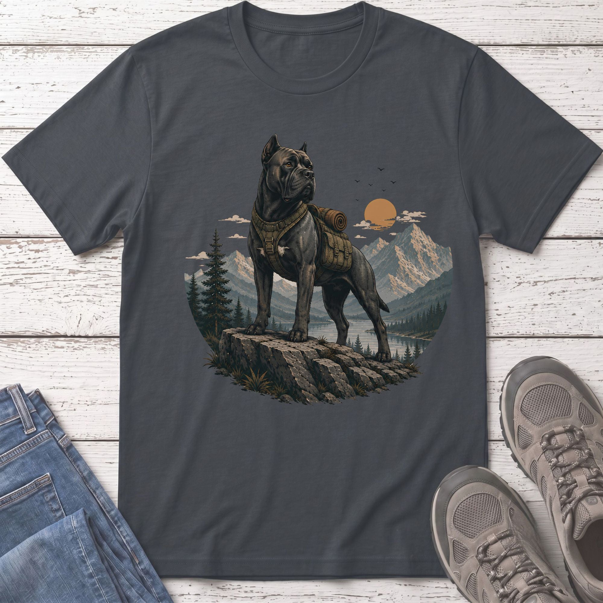 Dark grey t-shirt with a cane corso wearing a backpack in a mountain landscape.