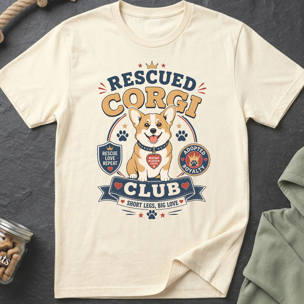Cream t-shirt with "Rescued Corgi Club" graphic and corgi illustration.
