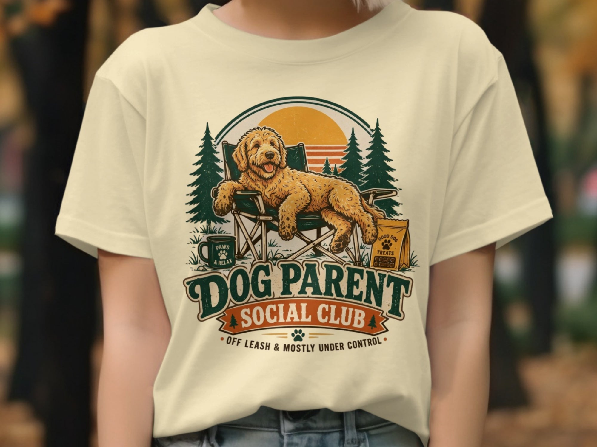 Goldendoodle dog in camping chair with "Dog Parent Social Club" text.