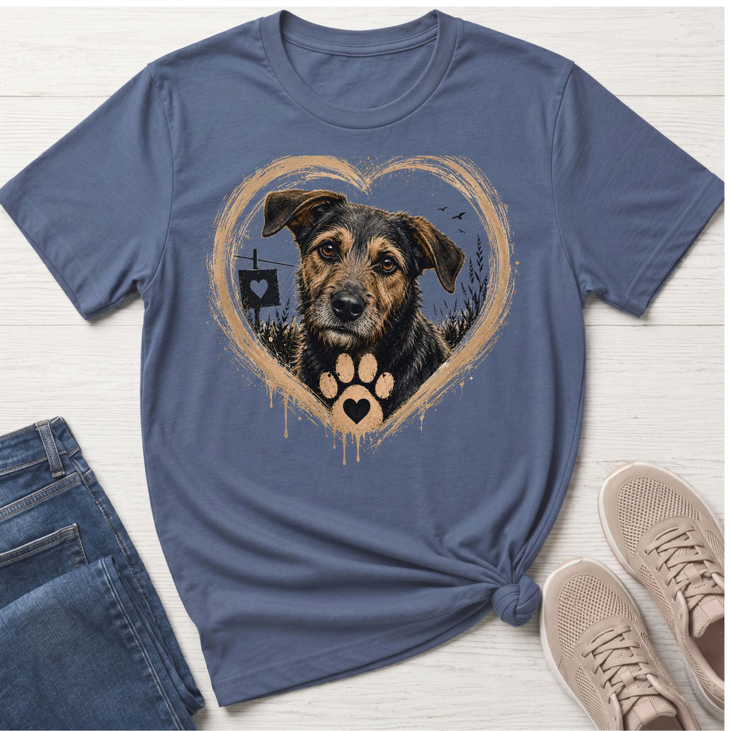 Brown and black dog with paw print and heart inside a textured heart shape.