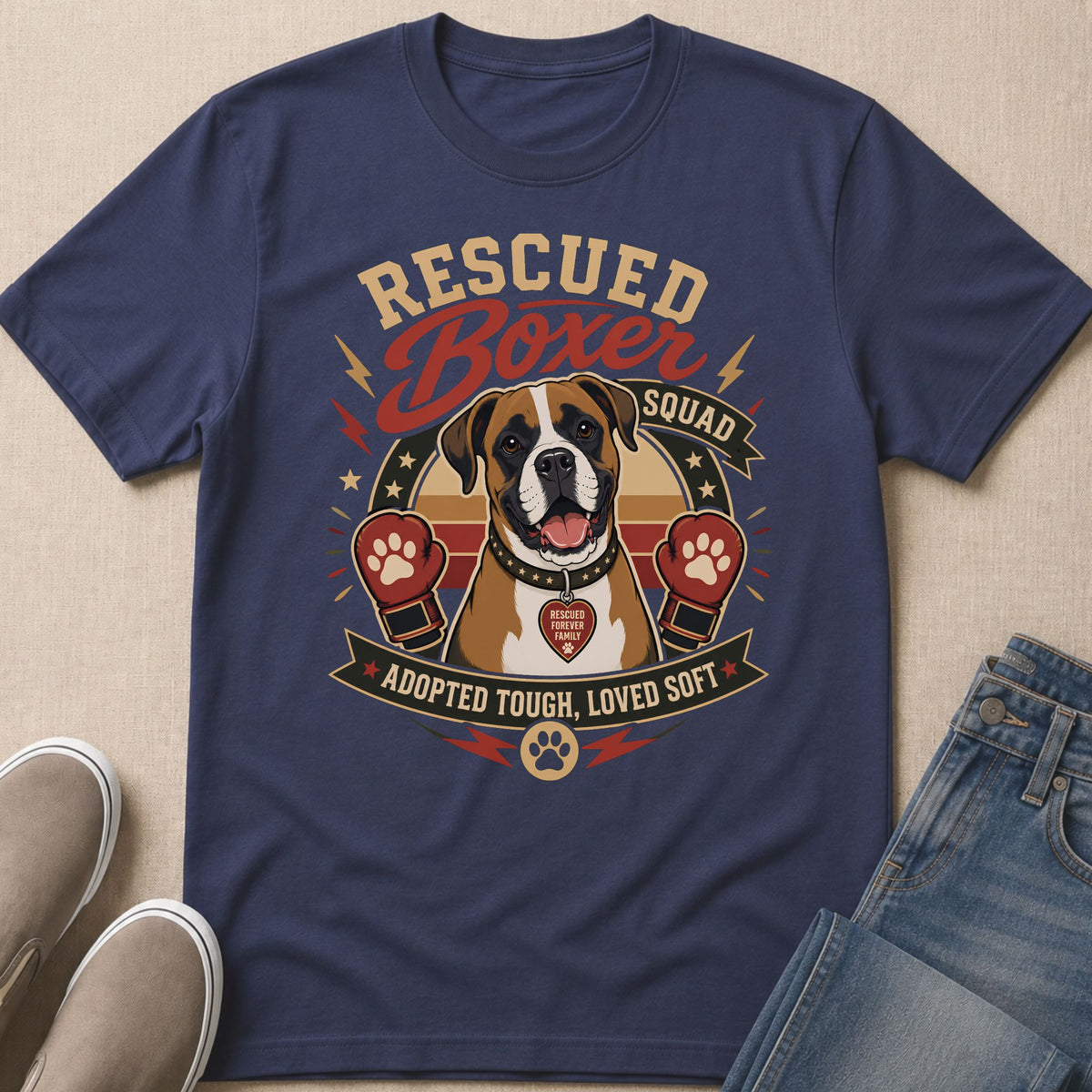 Dark blue t-shirt with a Boxer dog graphic, boxing gloves, and text.