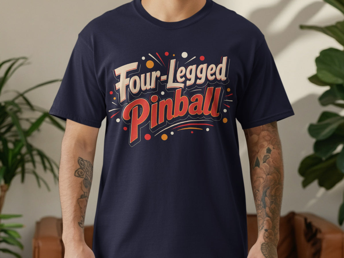 Navy t-shirt with "Four-Legged Pinball" graphic and festive accents.
