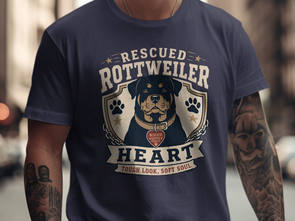 T-shirt with Rottweiler graphic and text "Rescued Rottweiler Heart Tough Look, Soft Soul."