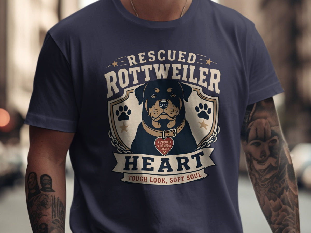 T-shirt with Rottweiler graphic and text "Rescued Rottweiler Heart Tough Look, Soft Soul."