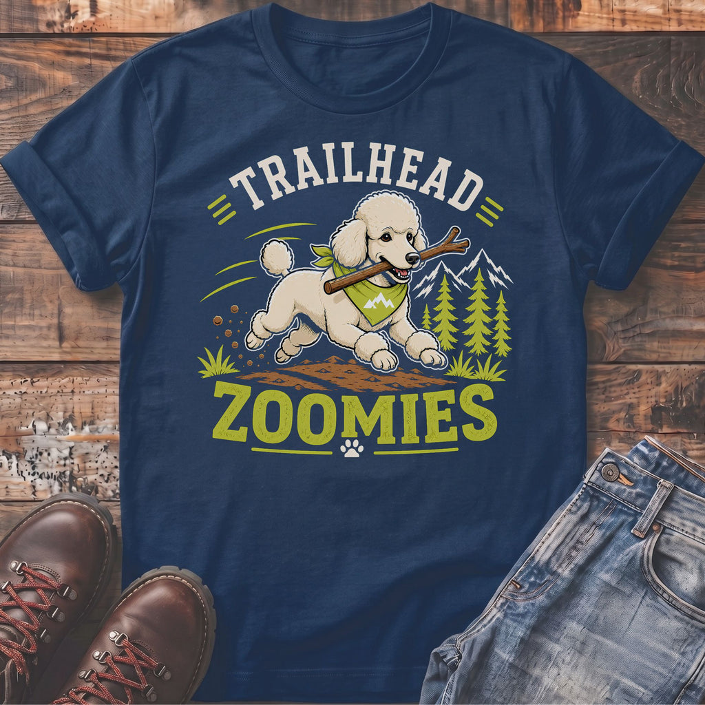 Poodle with stick on t-shirt with text "TRAILHEAD ZOOMIES"