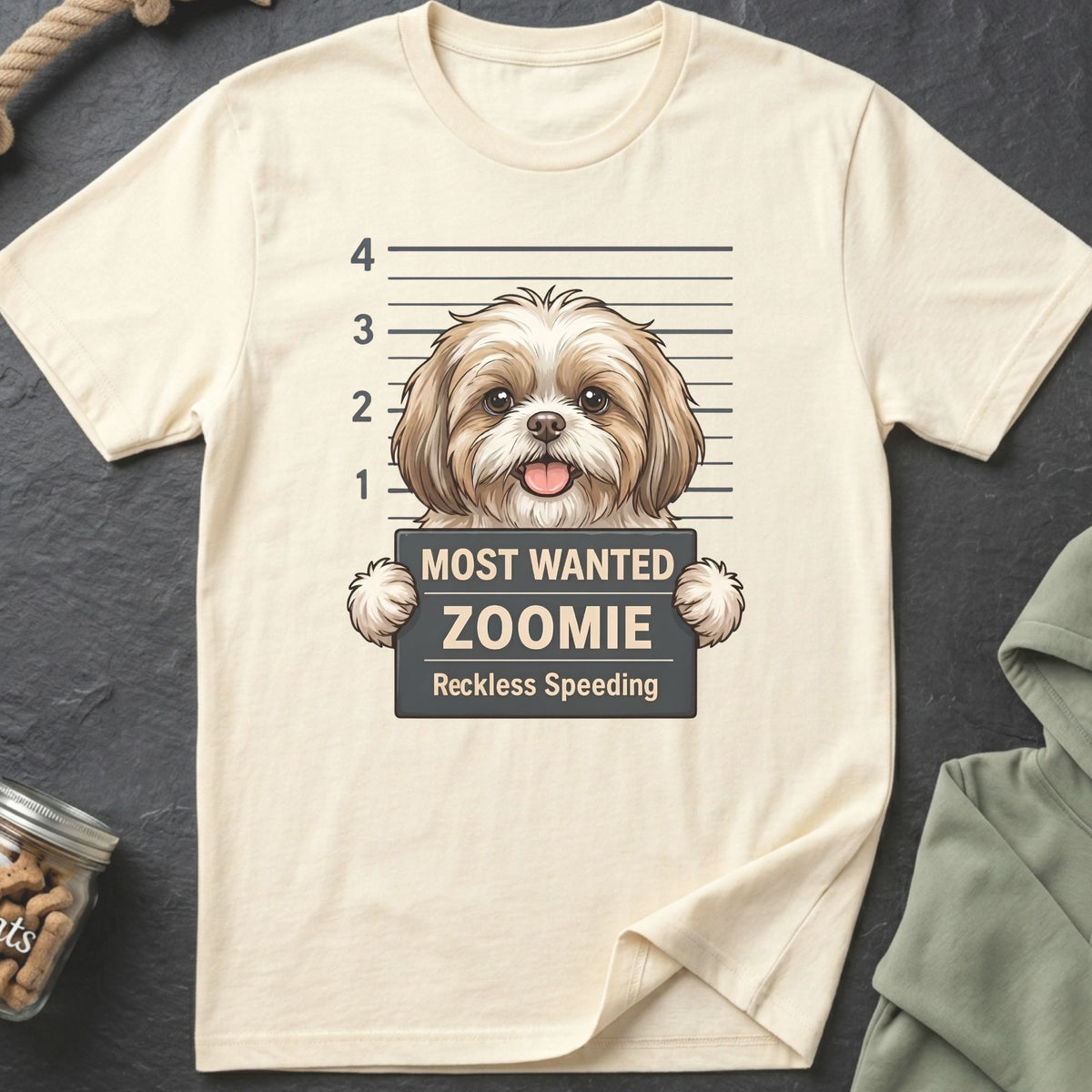 Cream t-shirt with graphic of a Shih Tzu in a mugshot holding a sign reading "Most Wanted Zoomie Reckless Speeding".