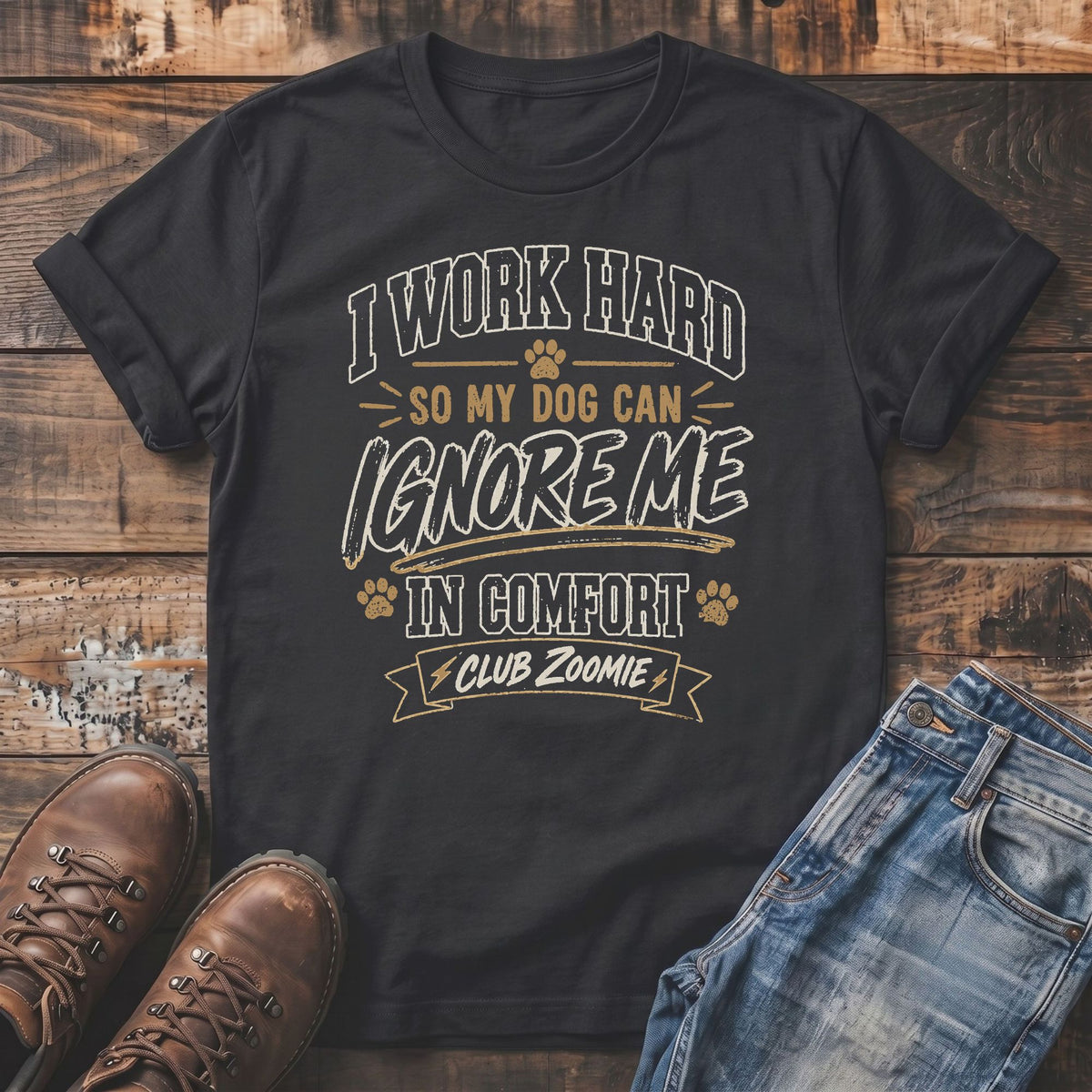 Black t-shirt with "I WORK HARD SO MY DOG CAN IGNORE ME IN COMFORT CLUB ZOOMIE" text.