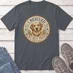 Dark grey t-shirt with Golden Retriever graphic and text "I RESCUED MY BEST FRIEND".