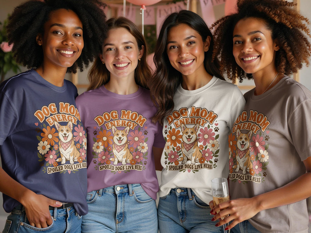 Four women wear t-shirts with a corgi and "Dog Mom Energy" graphic.