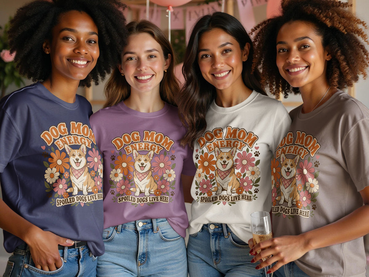 Four women wear t-shirts with a corgi and "Dog Mom Energy" graphic.
