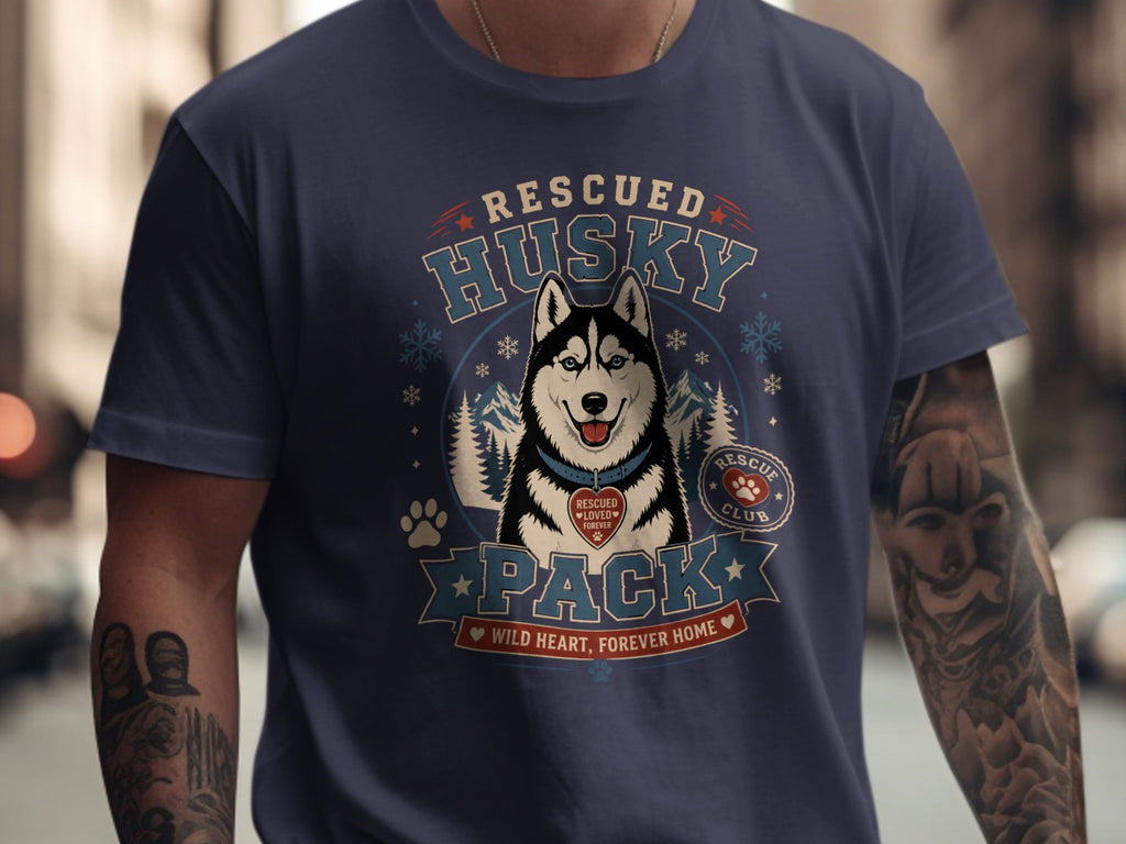 Rescued Husky Pack t-shirt with a dog graphic and "Wild Heart, Forever Home" text.