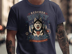 Rescued Husky Pack t-shirt with a dog graphic and "Wild Heart, Forever Home" text.