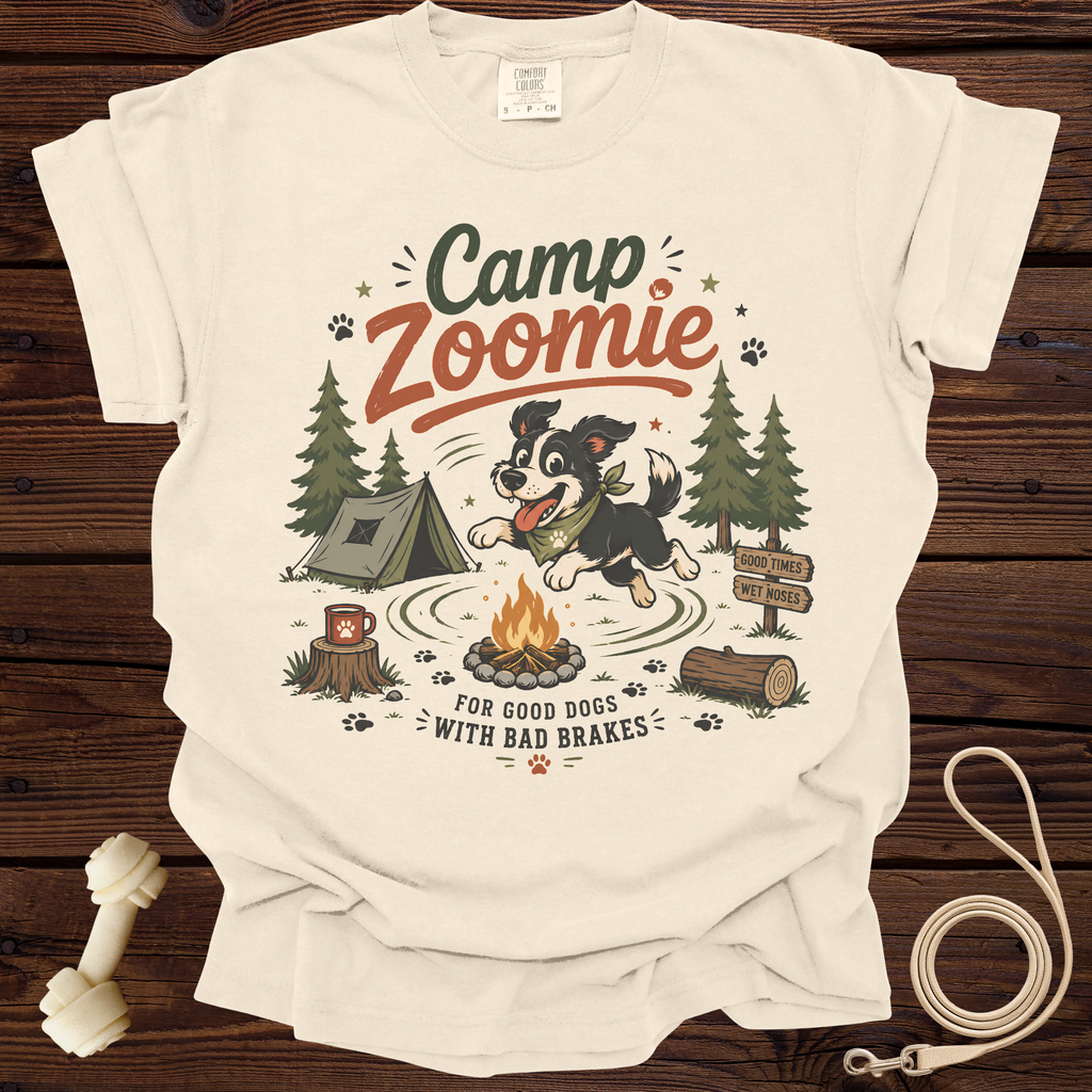 Cream t-shirt with "Camp Zoomie" graphic, dog, tent, and campfire.