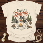 Cream t-shirt with "Camp Zoomie" graphic, dog, tent, and campfire.