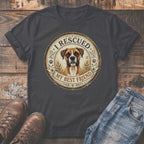 Dark t-shirt with a Boxer dog graphic and text "I RESCUED MY BEST FRIEND".