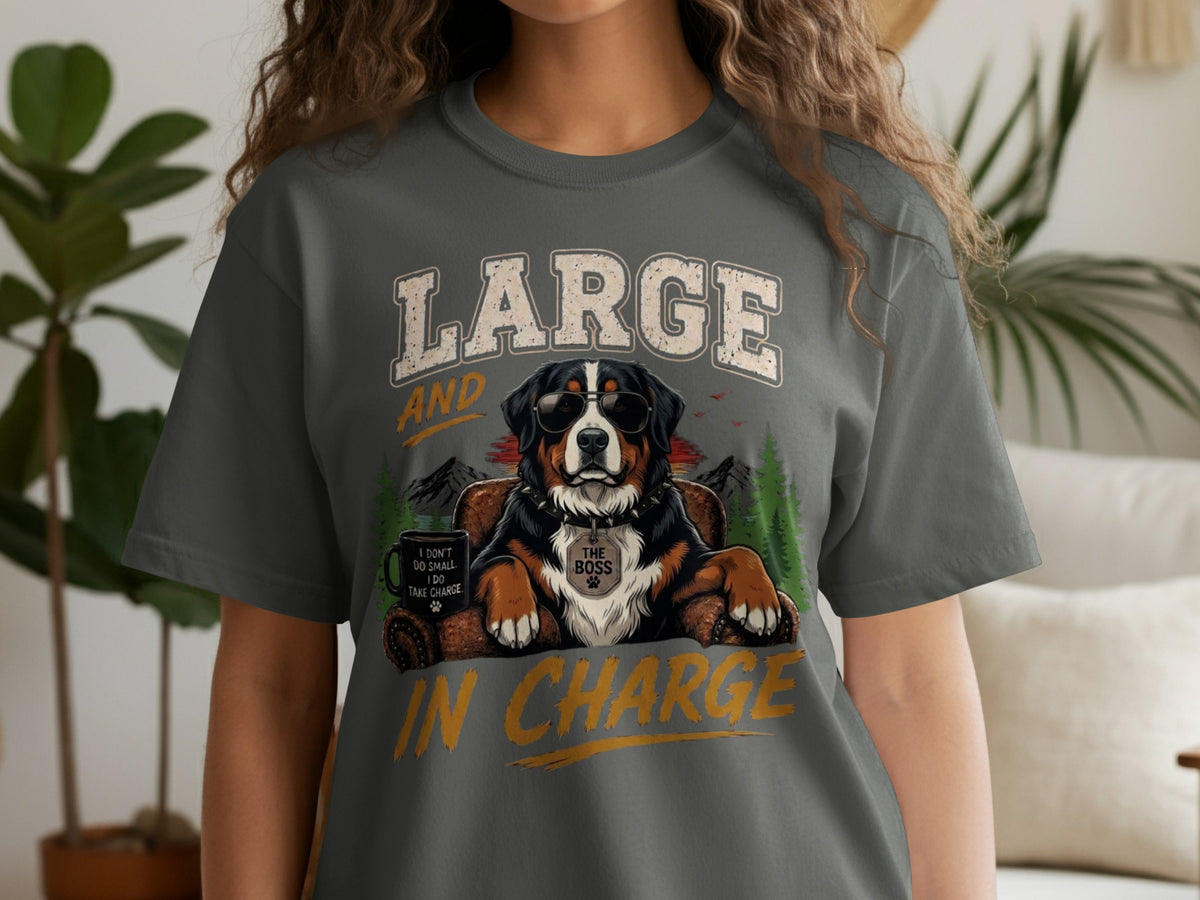 Bernese Mountain Dog wearing sunglasses and a tag that says "The Boss".