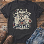 Dark t-shirt with "Rescued Schnauzer Society" text and dog illustration.