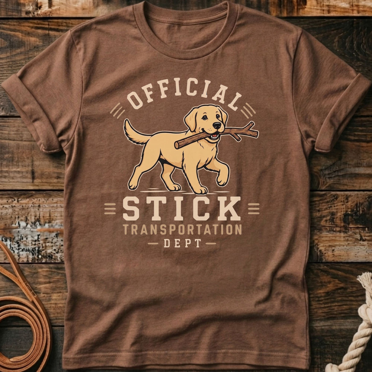Brown t-shirt with a cartoon yellow lab carrying a stick, text reads "OFFICIAL STICK TRANSPORTATION DEPT".