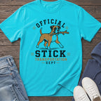 Blue t-shirt with boxer dog holding stick and text "OFFICIAL STICK TRANSPORTATION DEPT".
