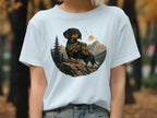 Dachshund wearing backpack and bandana stands on rocks with mountain landscape.