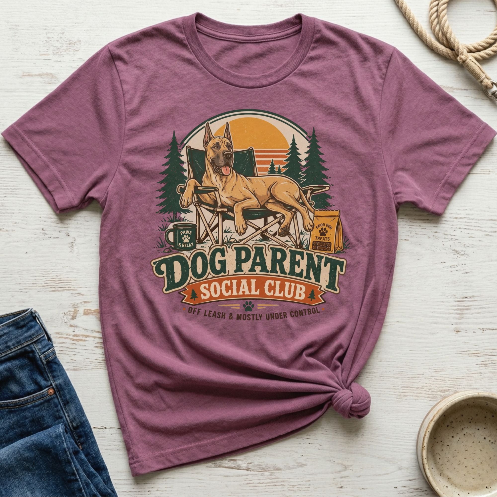 T-shirt graphic with a Great Dane relaxing in a chair, "Dog Parent Social Club" text, and dog treats.