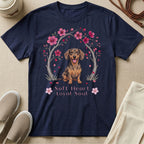 Navy t-shirt with a dachshund among cherry blossoms and the text "Soft Heart Loyal Soul".