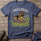 German Shepherd running with stick on shirt, text "Trailhead Zoomies".