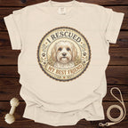 Cream t-shirt with a circular graphic featuring a dog, "I RESCUED" and "MY BEST FRIEND".