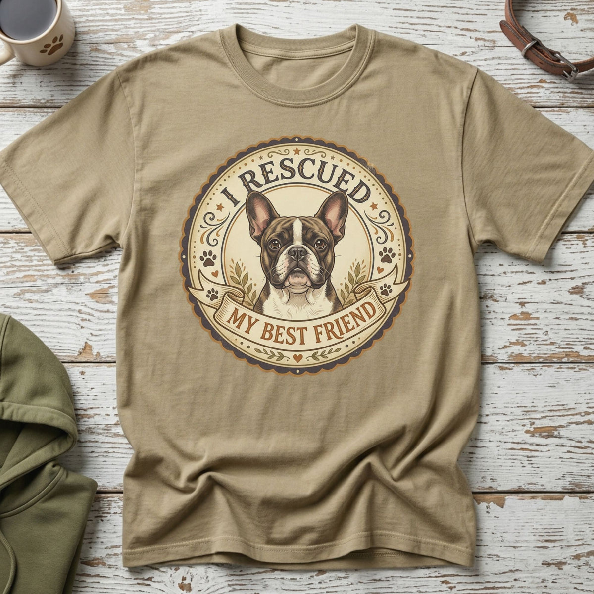 French bulldog graphic t-shirt with "I Rescued My Best Friend" text.