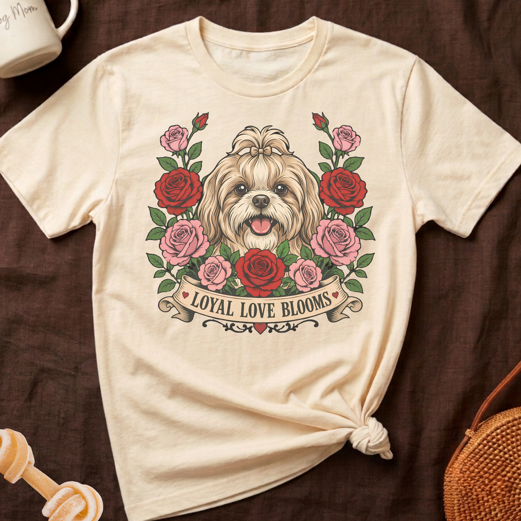 Cream t-shirt with Shih Tzu dog and roses graphic reading "Loyal Love Blooms".
