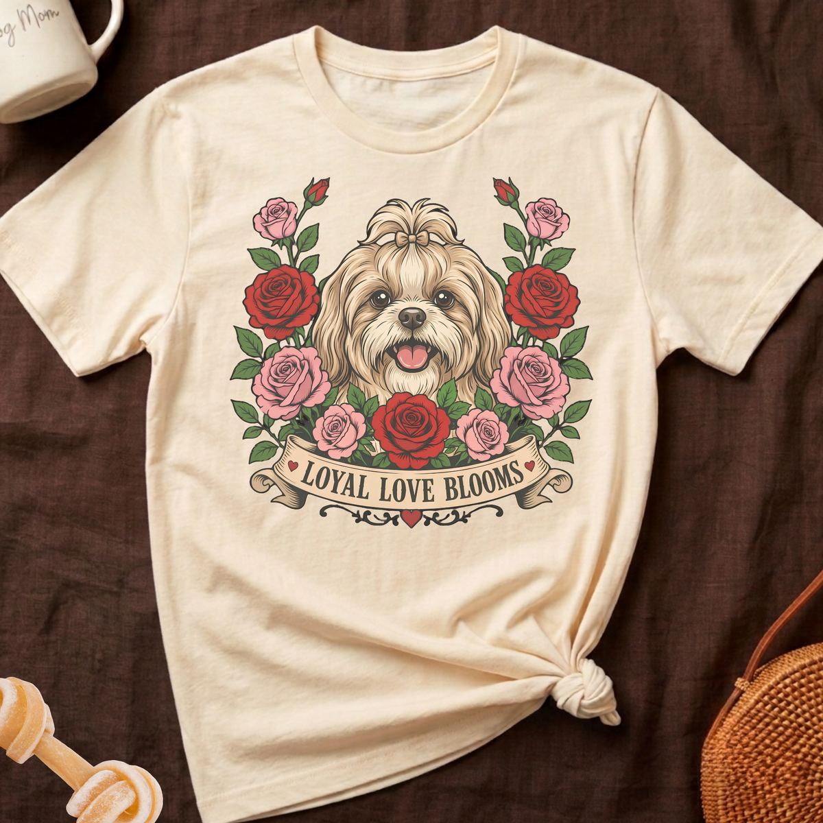 Cream t-shirt with Shih Tzu dog and roses graphic reading "Loyal Love Blooms".