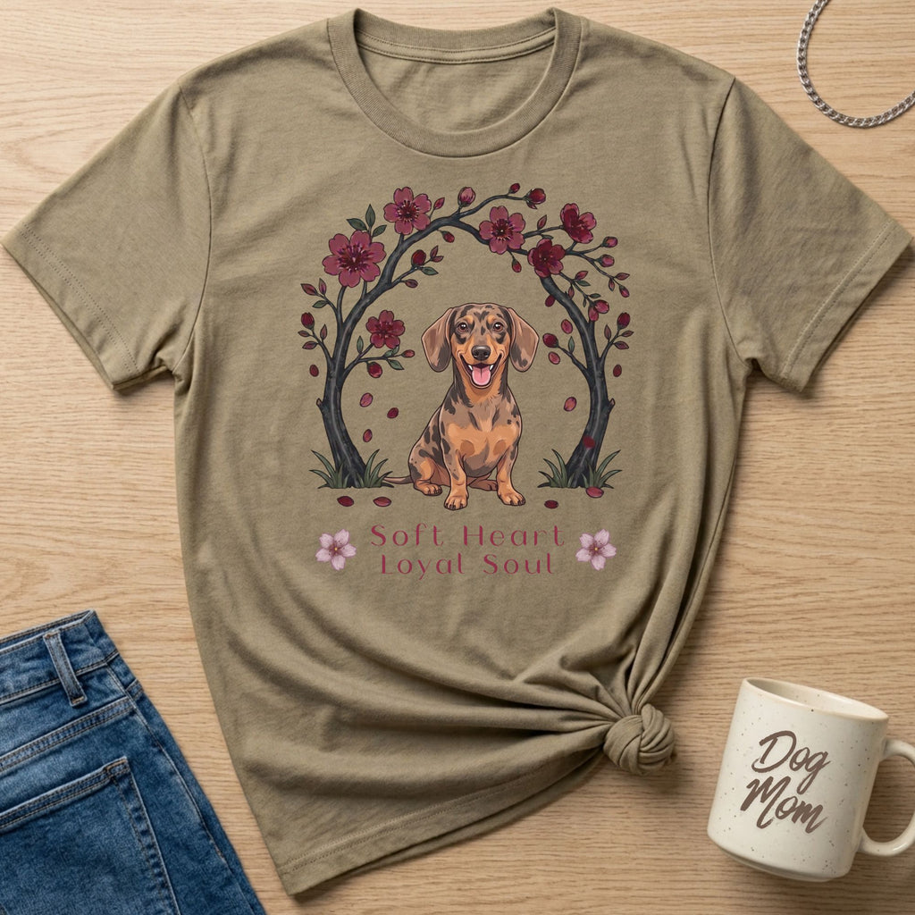 T-shirt with dachshund graphic, pink flowers, and text "Soft Heart Loyal Soul".