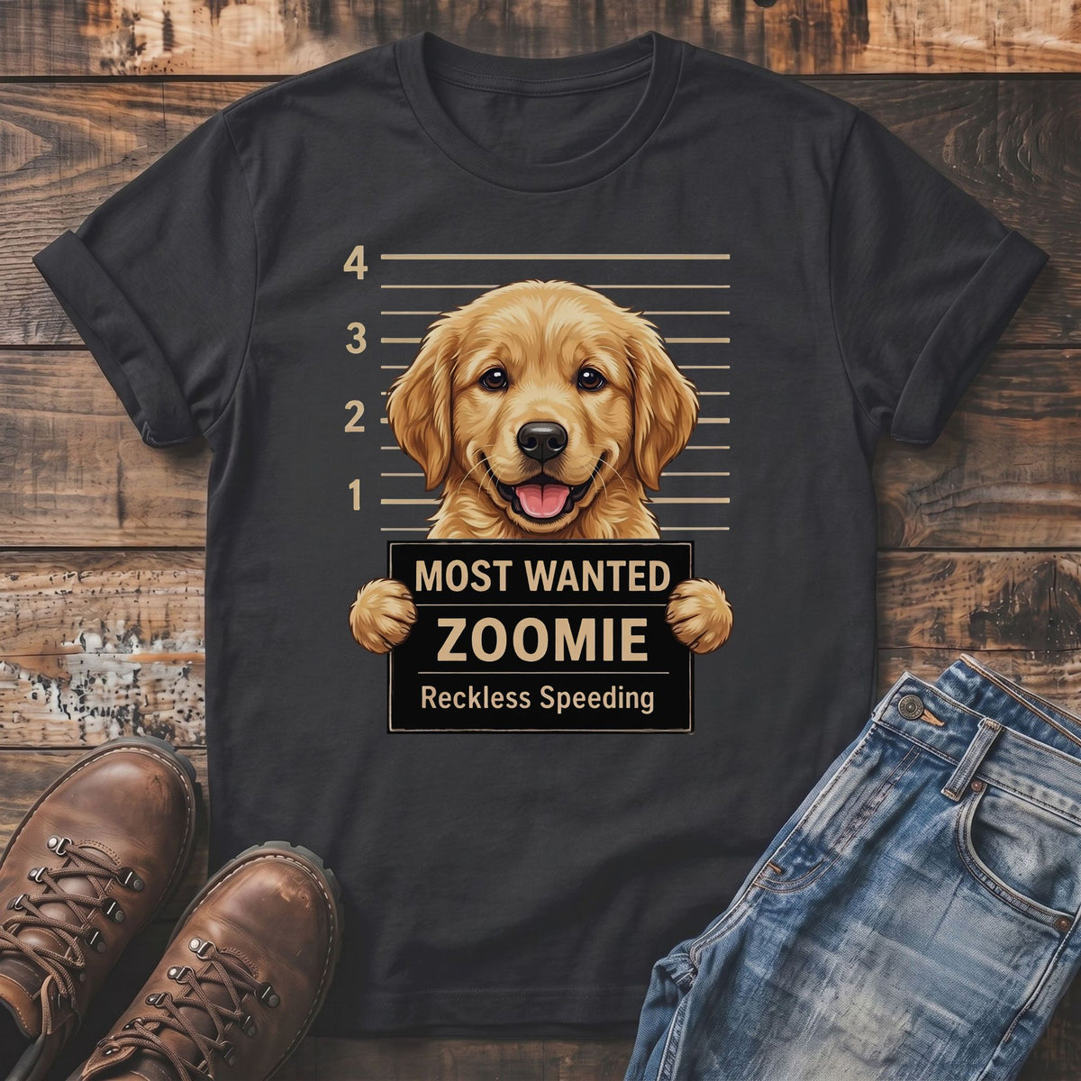 Dark t-shirt with Golden Retriever in mugshot holding a sign reading "Most Wanted Zoomie"