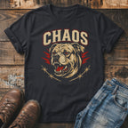 Dark t-shirt with a "CHAOS" graphic featuring a dog and barbed wire.
