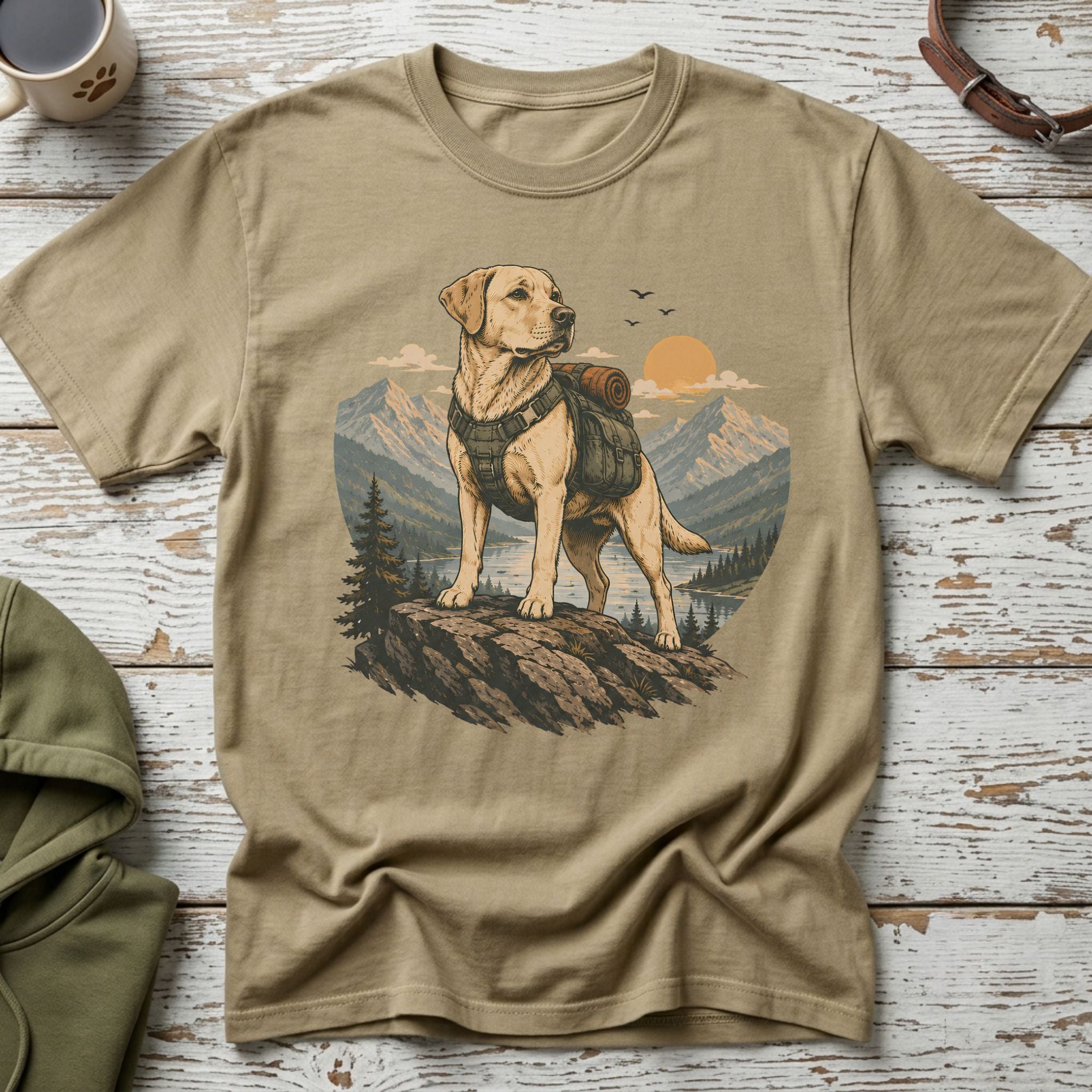 Labrador retriever wearing a backpack stands on a rock with mountains and lake.