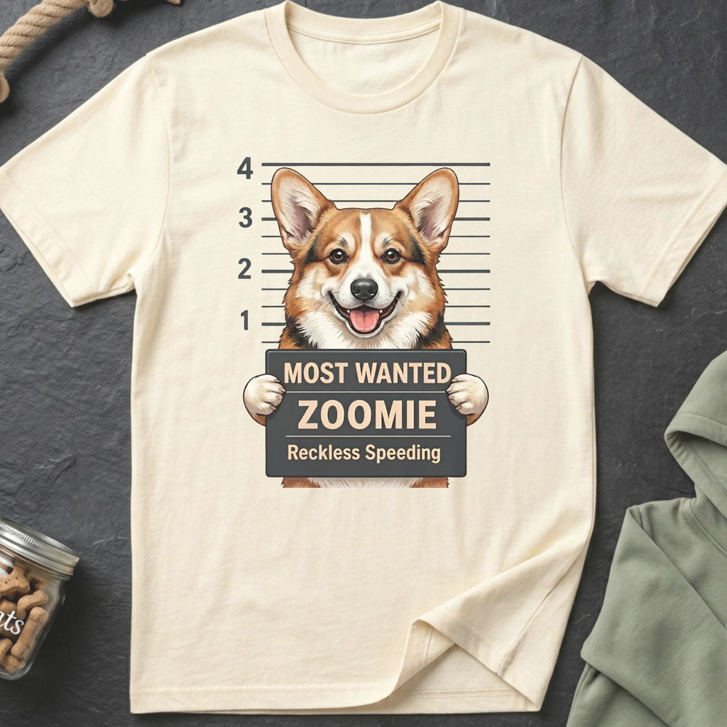 Corgi with "Most Wanted Zoomie" sign and "Reckless Speeding" text.