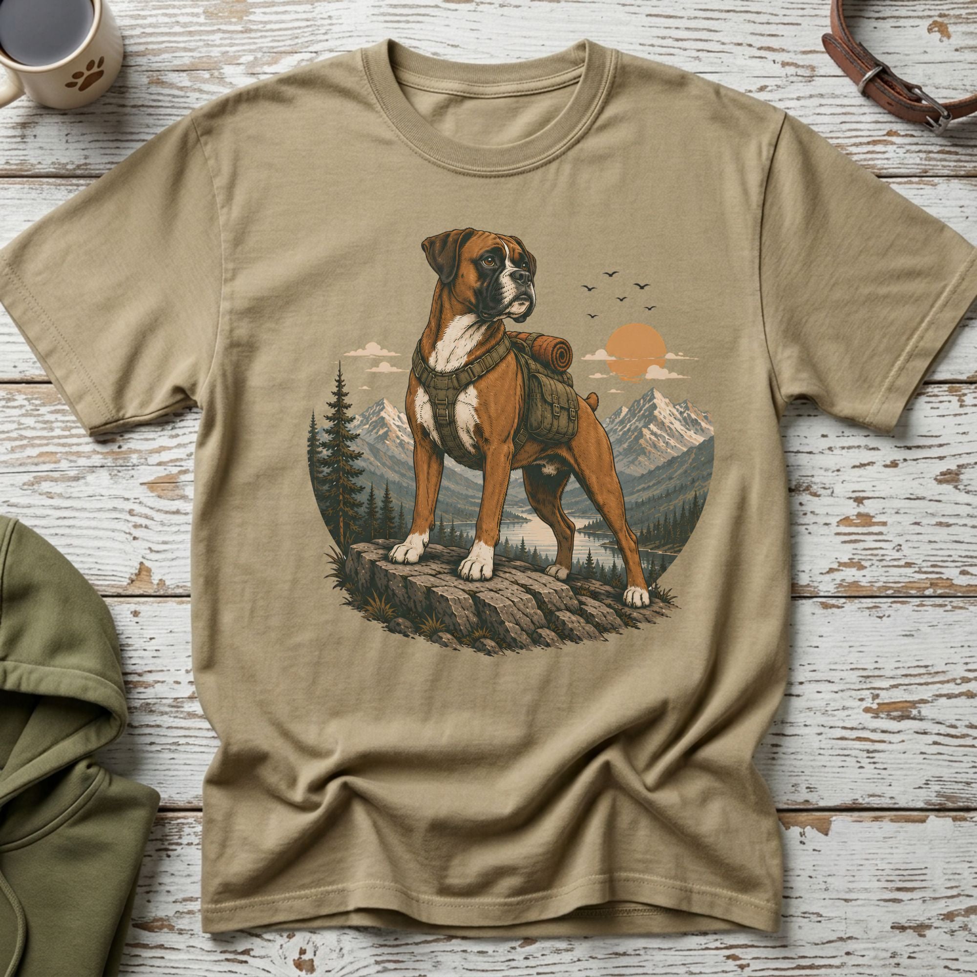 Boxer dog with backpack standing on rocky cliff overlooking a lake and mountains.