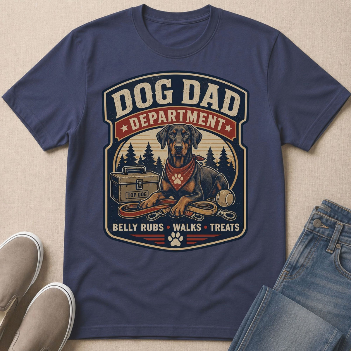 Doberman on t-shirt with "Dog Dad Department" and "Belly Rubs Walks Treats".