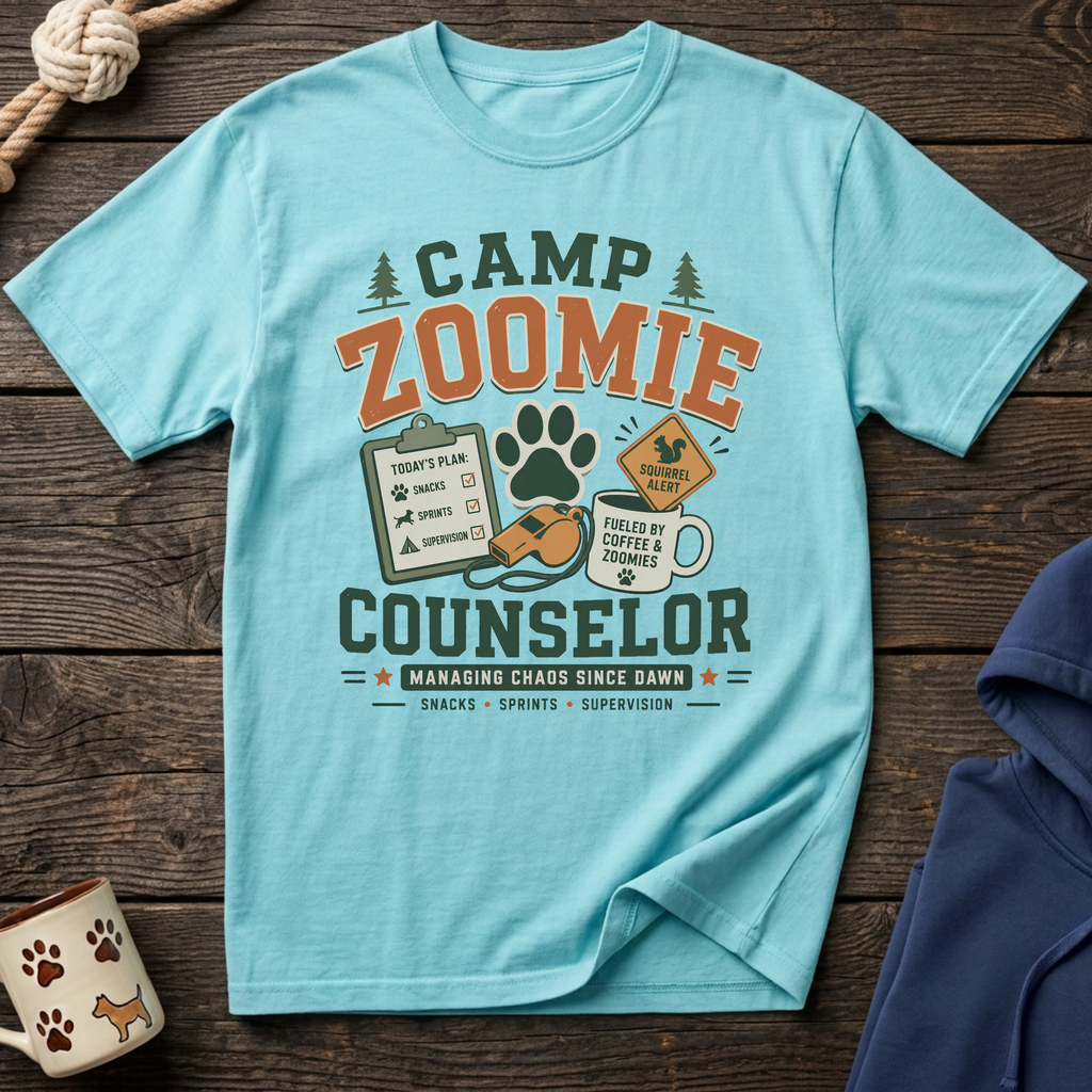 Light blue t-shirt with "Camp Zoomie Counselor" graphic, including a checklist, whistle, and coffee mug.