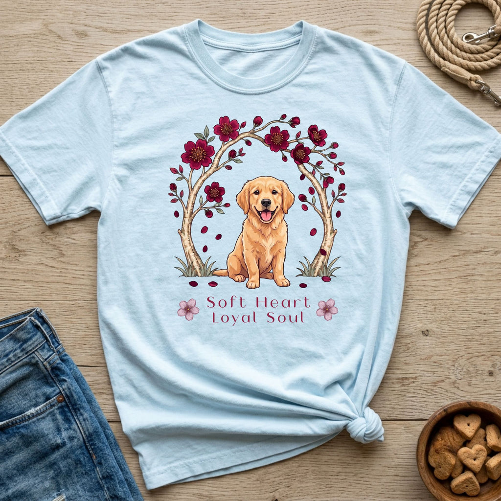Light blue t-shirt with golden retriever puppy and floral design, "Soft Heart Loyal Soul".