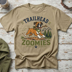 Tan t-shirt with boxer dog graphic and text "TRAILHEAD ZOOMIES".