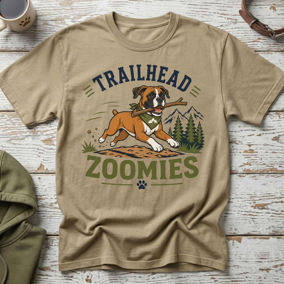 Tan t-shirt with boxer dog graphic and text "TRAILHEAD ZOOMIES".