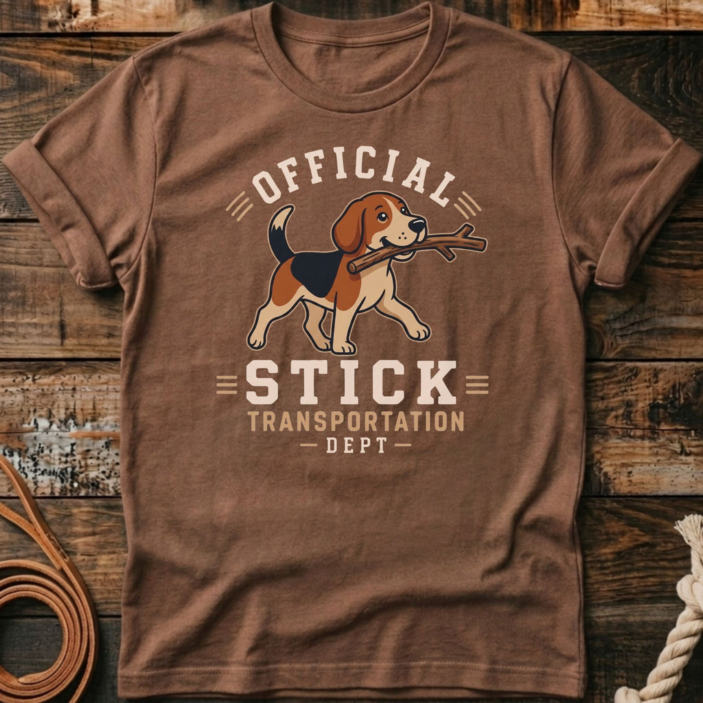 T-shirt with beagle dog carrying stick and text "OFFICIAL STICK TRANSPORTATION DEPT".