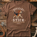 T-shirt with beagle dog carrying stick and text "OFFICIAL STICK TRANSPORTATION DEPT".