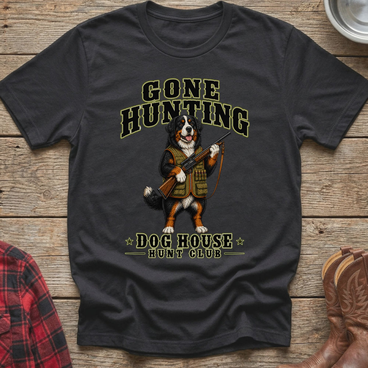Bernese mountain dog in hunting gear holding a shotgun, "Gone Hunting Dog House Hunt Club" text.
