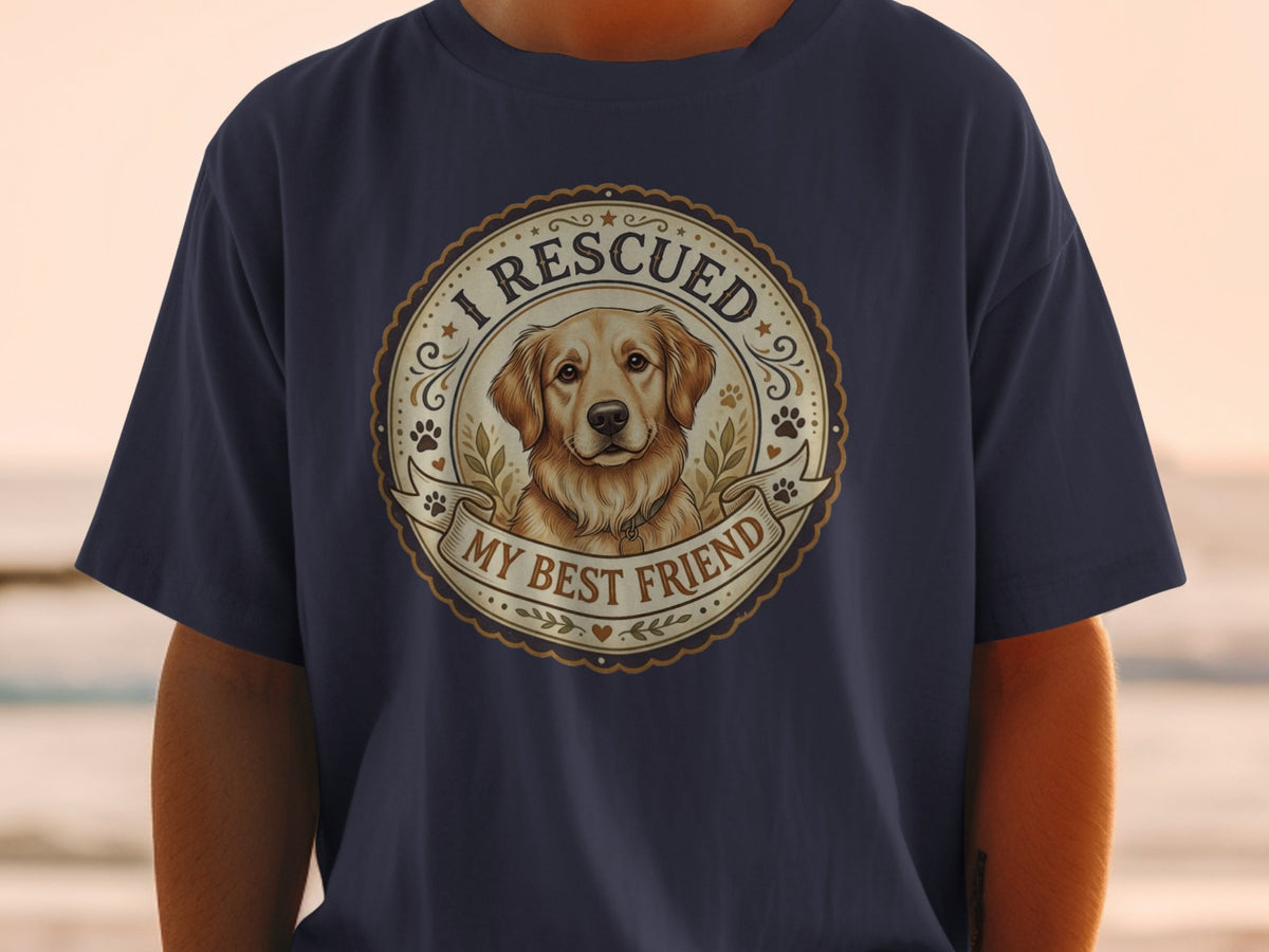 Golden retriever illustration with "I RESCUED MY BEST FRIEND" text.