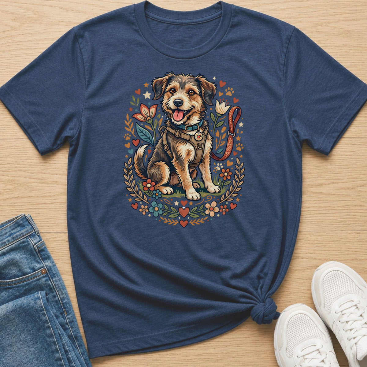 T-shirt with a graphic of a dog sitting in a floral wreath with a leash.