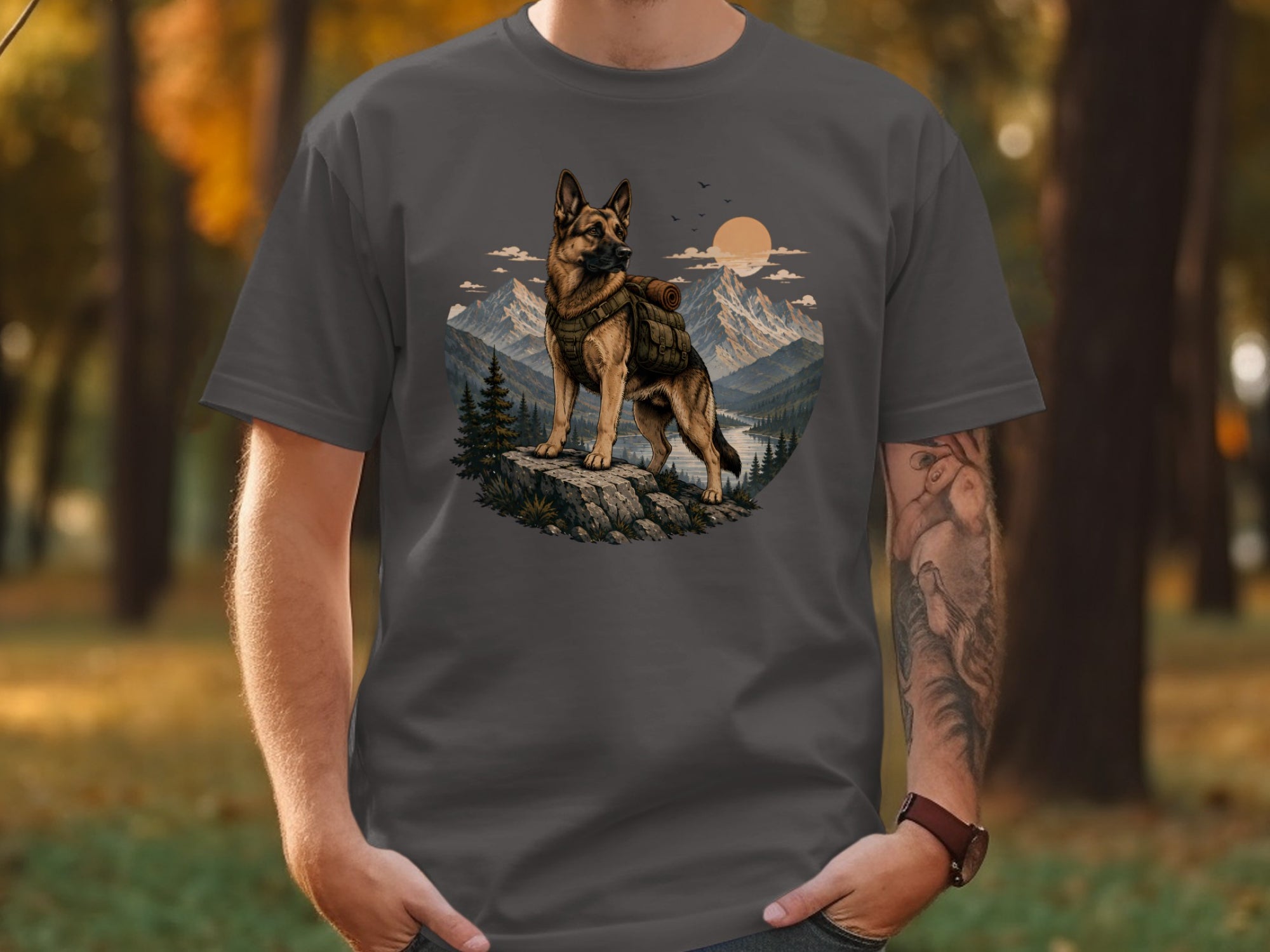 German Shepherd wearing a backpack stands on a rock overlooking a mountain landscape.